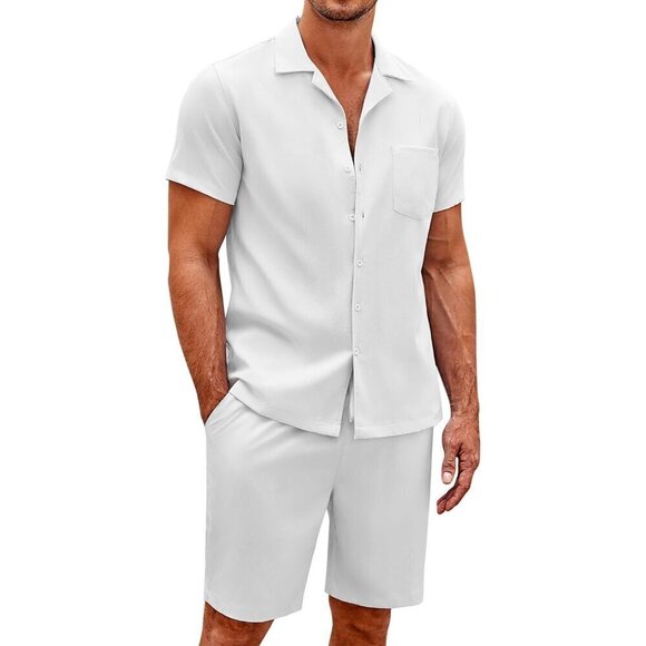 Mens White 2 Piece Casual Beach Outfit Short Sleeve Button Down Shirts Short Set - Picture 1 of 6